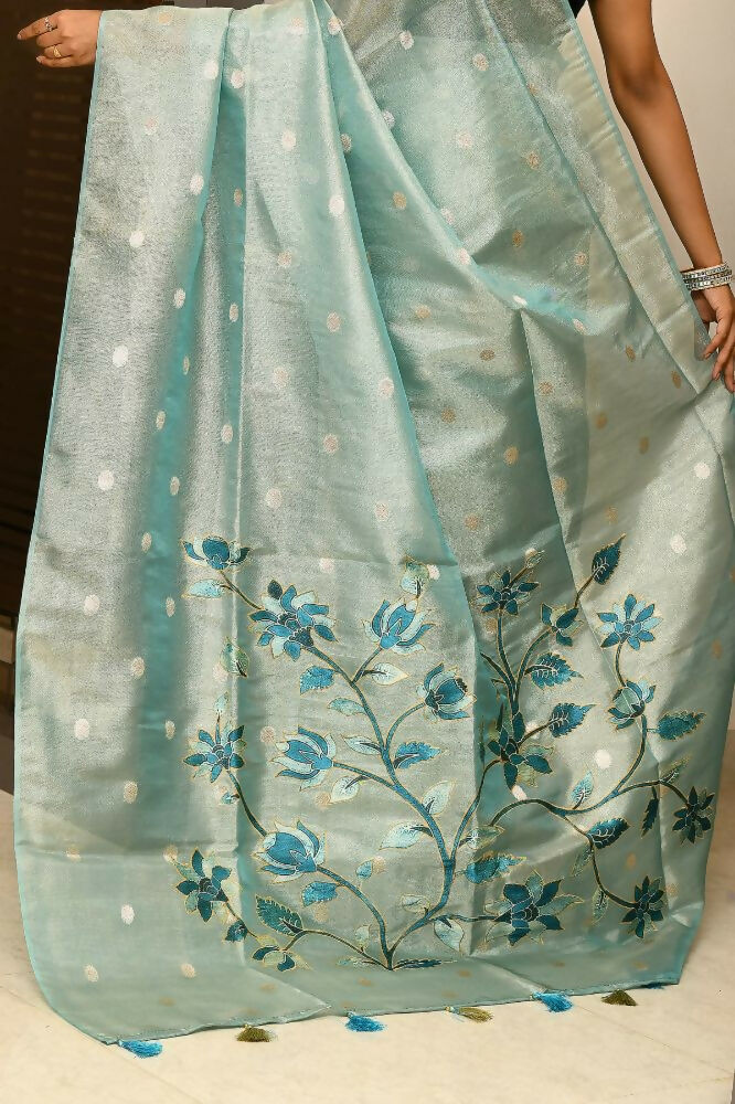 Joban Fashion Firozi Saree Tissue Zari Buti Anchal Applick With Contrast Blouse