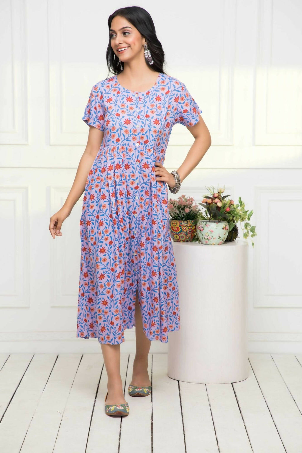 Myshka Women Purple Floral Rayon A-Line Round Neck Dress