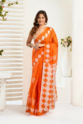 Vastranavya Orange Digital Printed Linen Ready To Wear Designer Saree with Unstitched Blouse