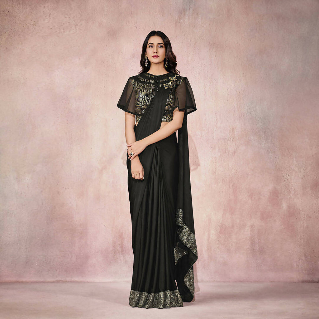 Black Lycra Embroidery Designer Saree With Blouse - Mohmanthan Sitaarah