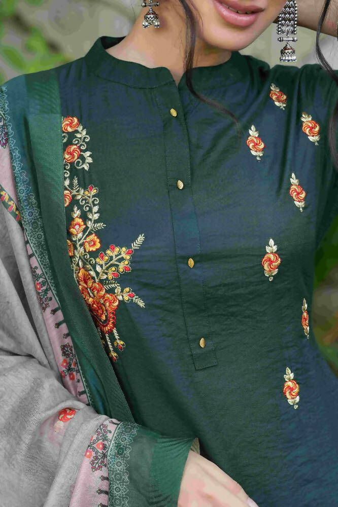 Juniper Bottle Green Mono Viscose Festive Wear Embroidered Straight Kurta Pant Dupatta Set