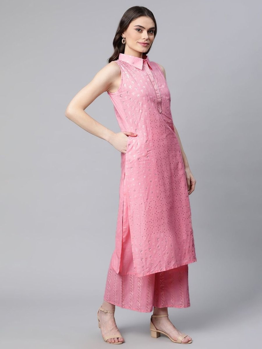 Ahalyaa Women Light Pink Colour Pure Cotton Printed Kurta Palazzo Set