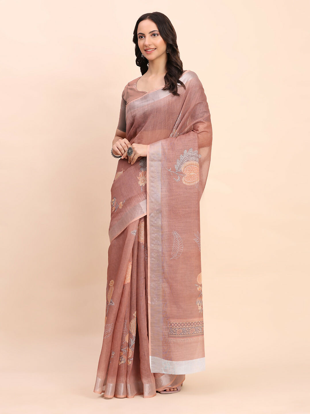 Shree Shyam Fashion Linen Cotton Brown Saree