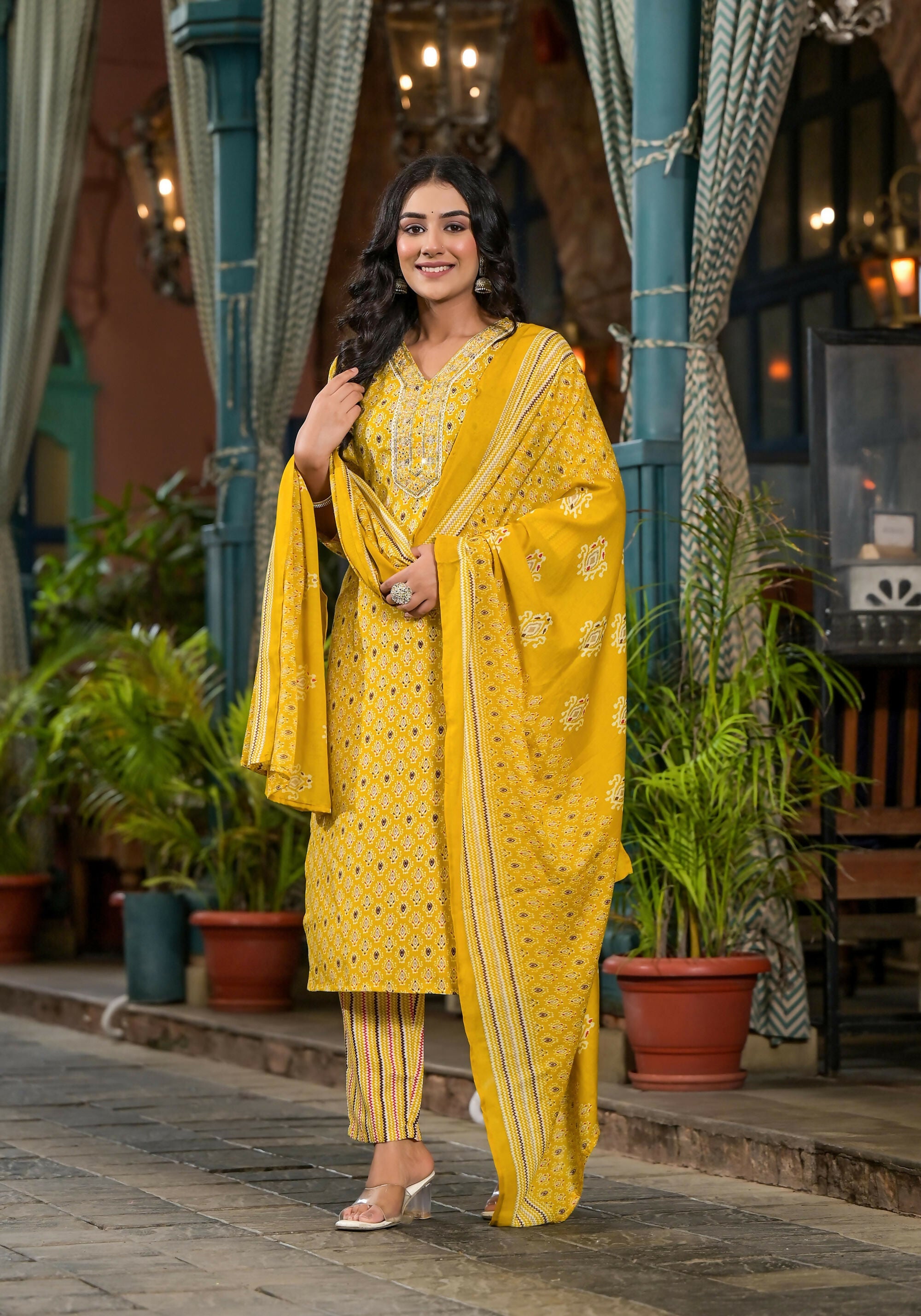 Juniper Women's Mustard Ethnic Motif Printed Cotton Kurta Pant And Dupatta Set With Mirror work & Sequins