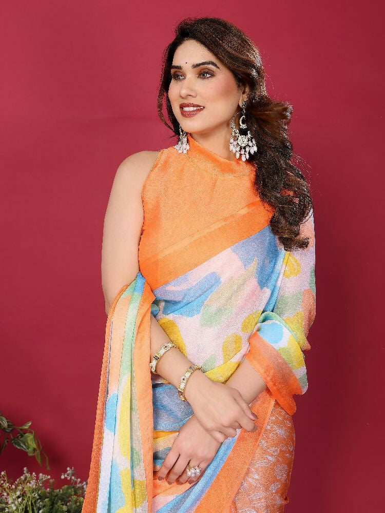 PR Fashion Orange Moss Chiffon Printed Saree