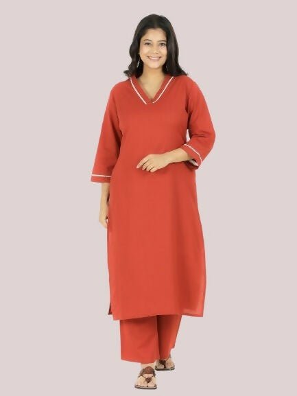 Aramya Red Linen Cotton Solid Straight Kurta for Women