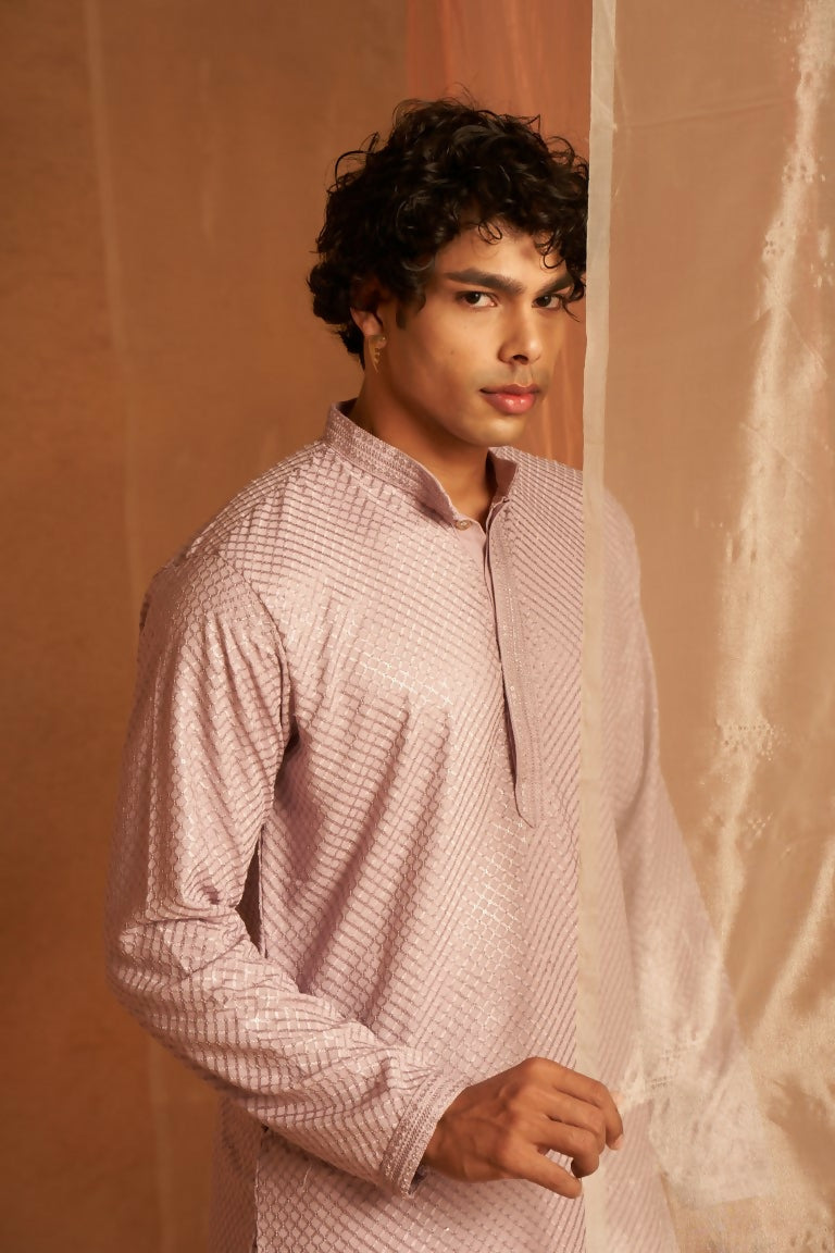 Lavender viscose Chikankari Embroidery Work Men's Traditional Kurta Set - Mahotsav