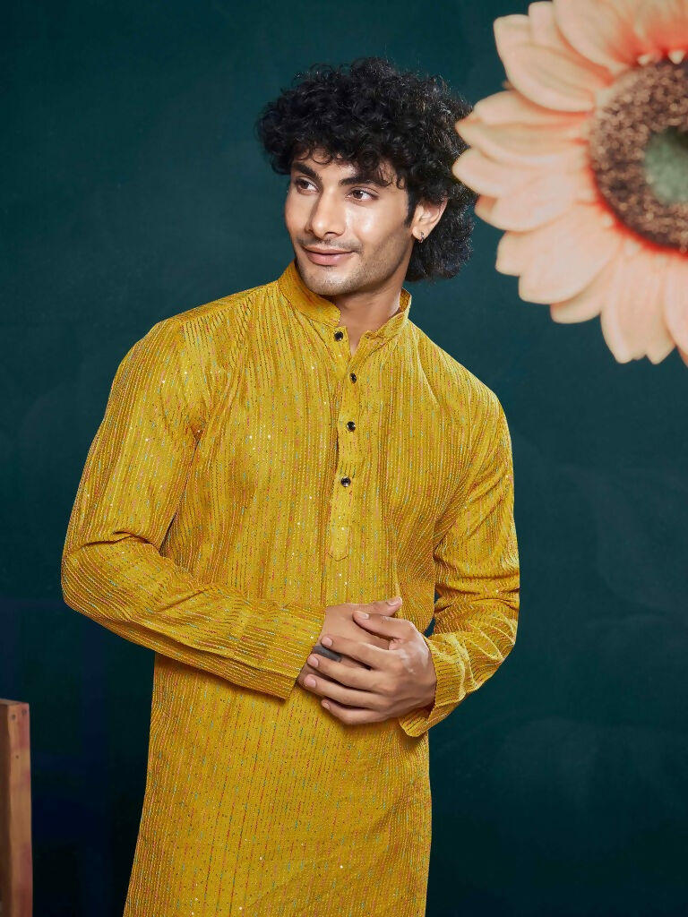 Yellow Viscose Designer Sequance Embroidery Work Men's Kurta Set - Mahotsav