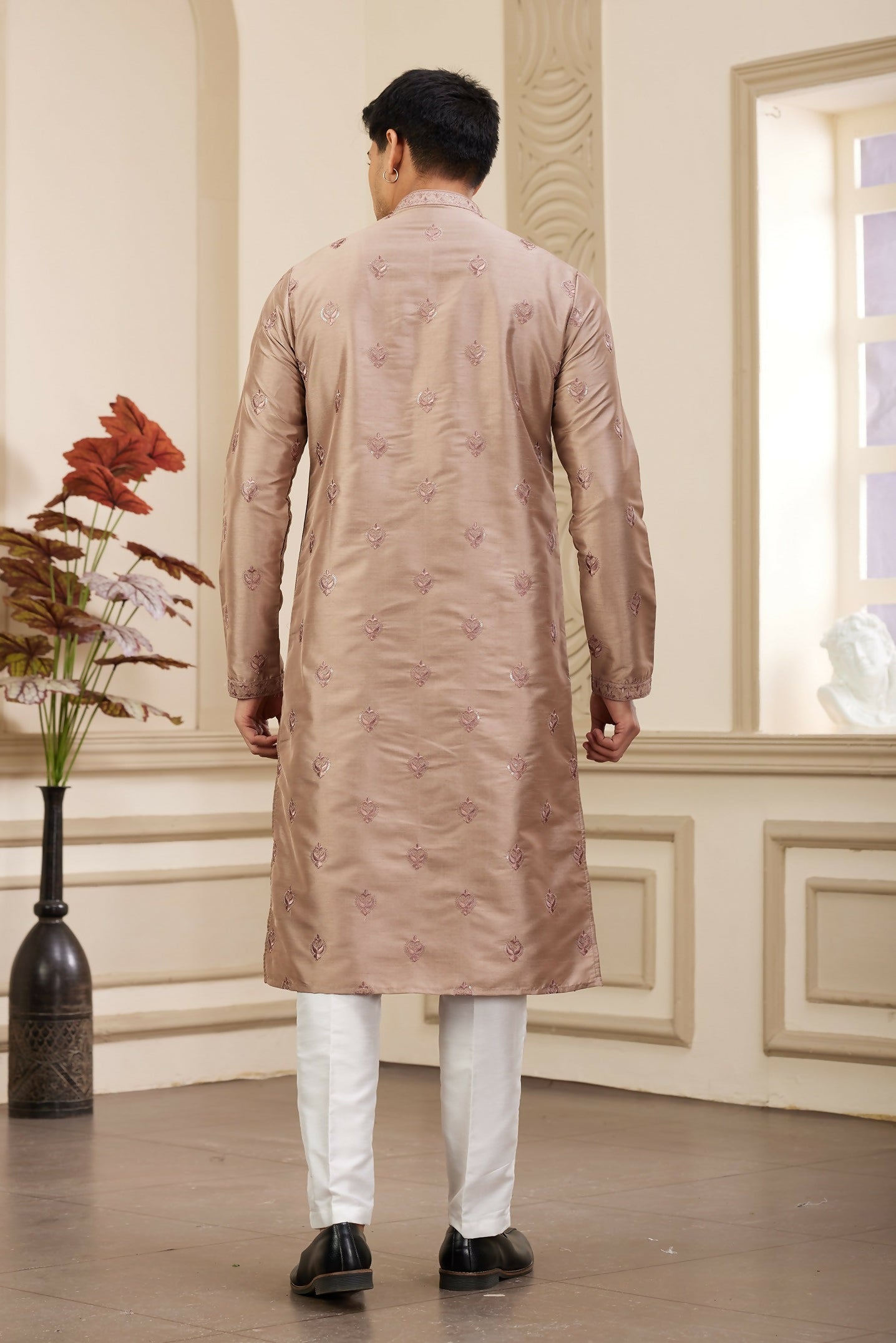 Raivat Ethnic Men's Art Silk Thread Work Kurta Pyjama In Brown Colour