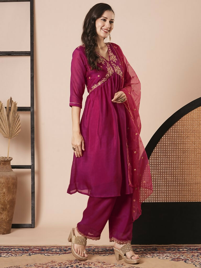 Pink Vichitra Silk Embroidery Work Kurta Set - Riya