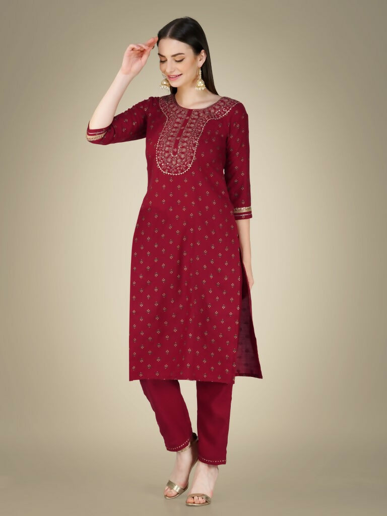 Jyoti Fashion Women's Maroon Cotton Magic Slub Embroidery & Sequence work Kurta with Trouser & Dupatta
