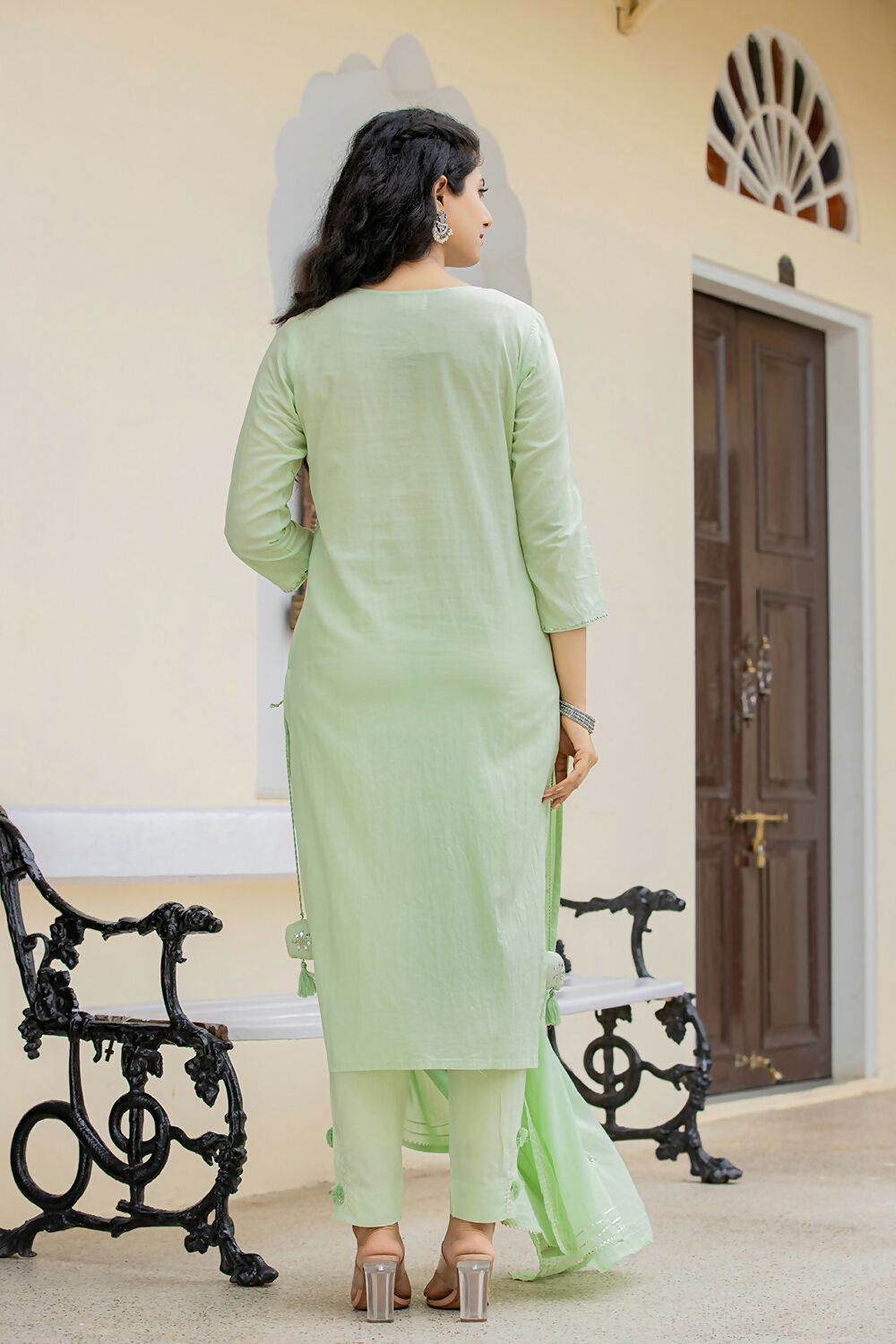 Kaajh Women's Green Mirror Embellished Cotton Suit Set