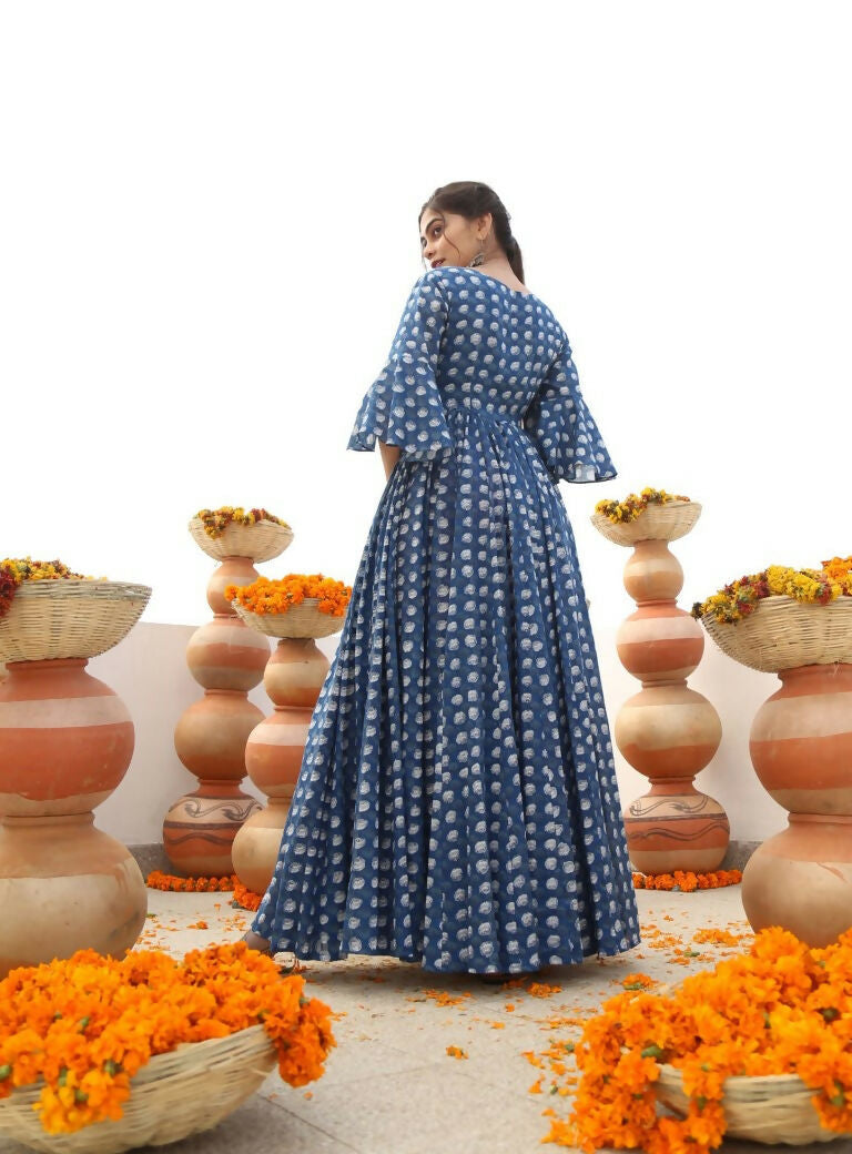 Jyoti Fashion Women's Blue Heavy Digital Printed Cotton Silk Anarkali Dress