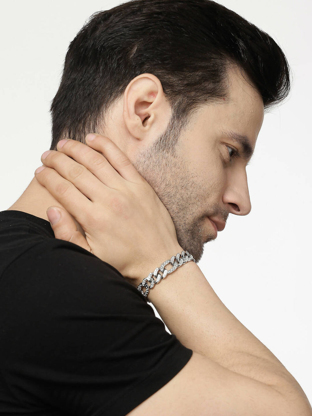 NVR Men Silver-Plated Stainless Steel American Diamond Studded Link Bracelet