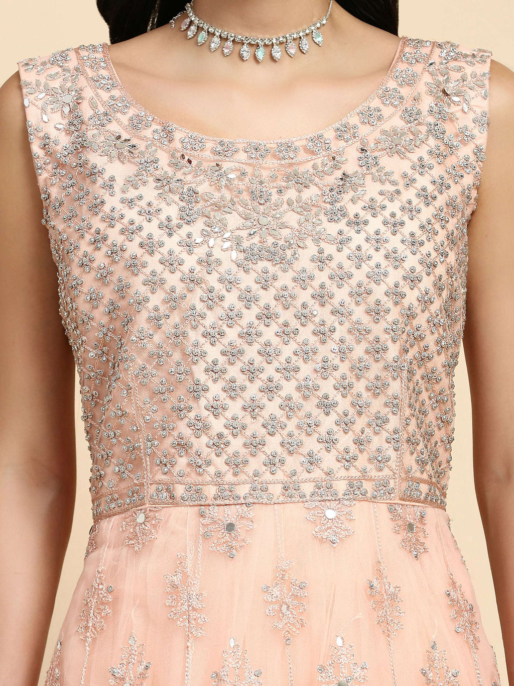 Peach Net Hand Embroidered Gown - Rudrani