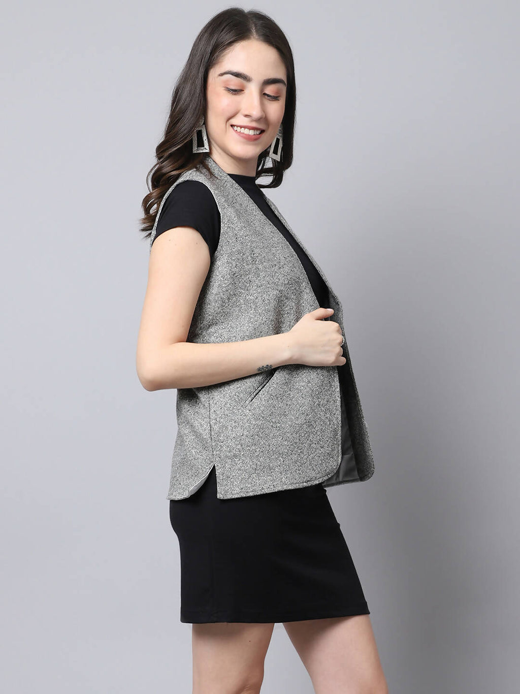Even Apparels Grey Pure Wool Open Front Women's Waistcoat