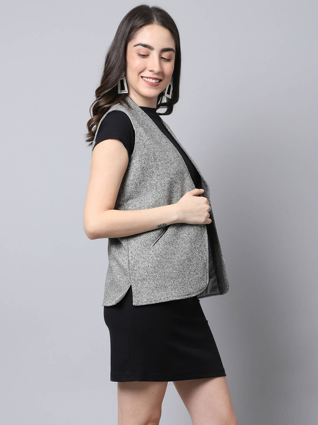 Even Apparels Grey Pure Wool Open Front Women's Waistcoat