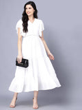 Myshka Georgette Solid Short Sleeve V Neck White Women Dress