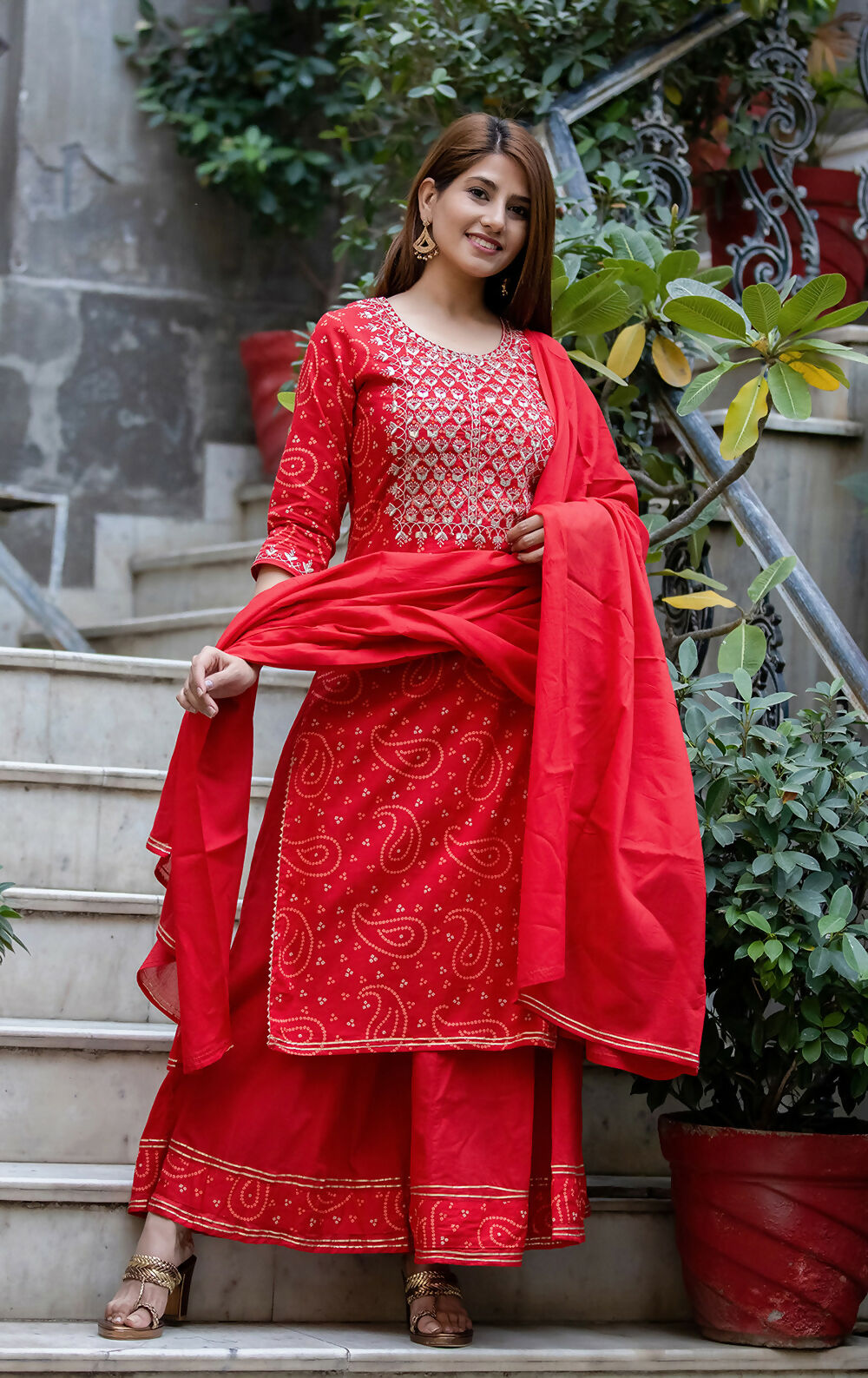 Kaajh Women's Red Bhandej Embroidered Kurta Sharara With Dupatta Set