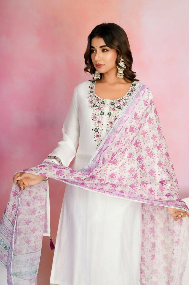 Ethnic Festive Wear Viscose Chanderi White Stitched Suit With Dupatta - Tanisha