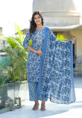 Juniper Women's Light Blue Floral Printed Cotton Kurta Set With Thread & Mirror Work