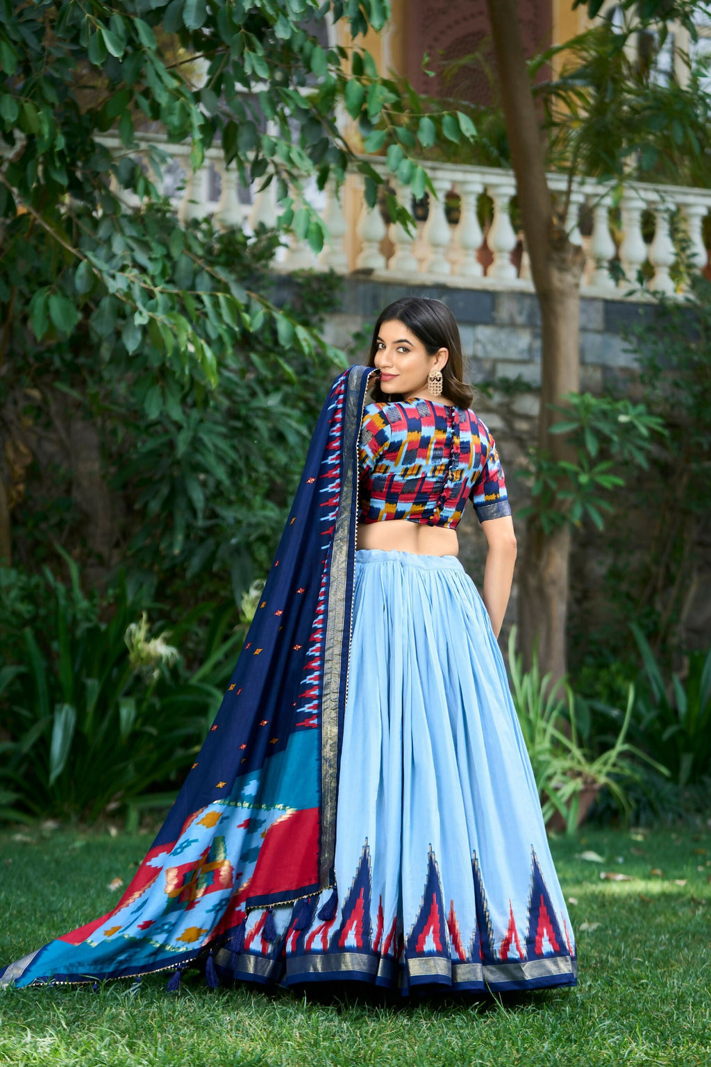 Vastranavya Printed and Foil Work Tussar Silk Lehenga with Unstitched Blouse - Sky Blue
