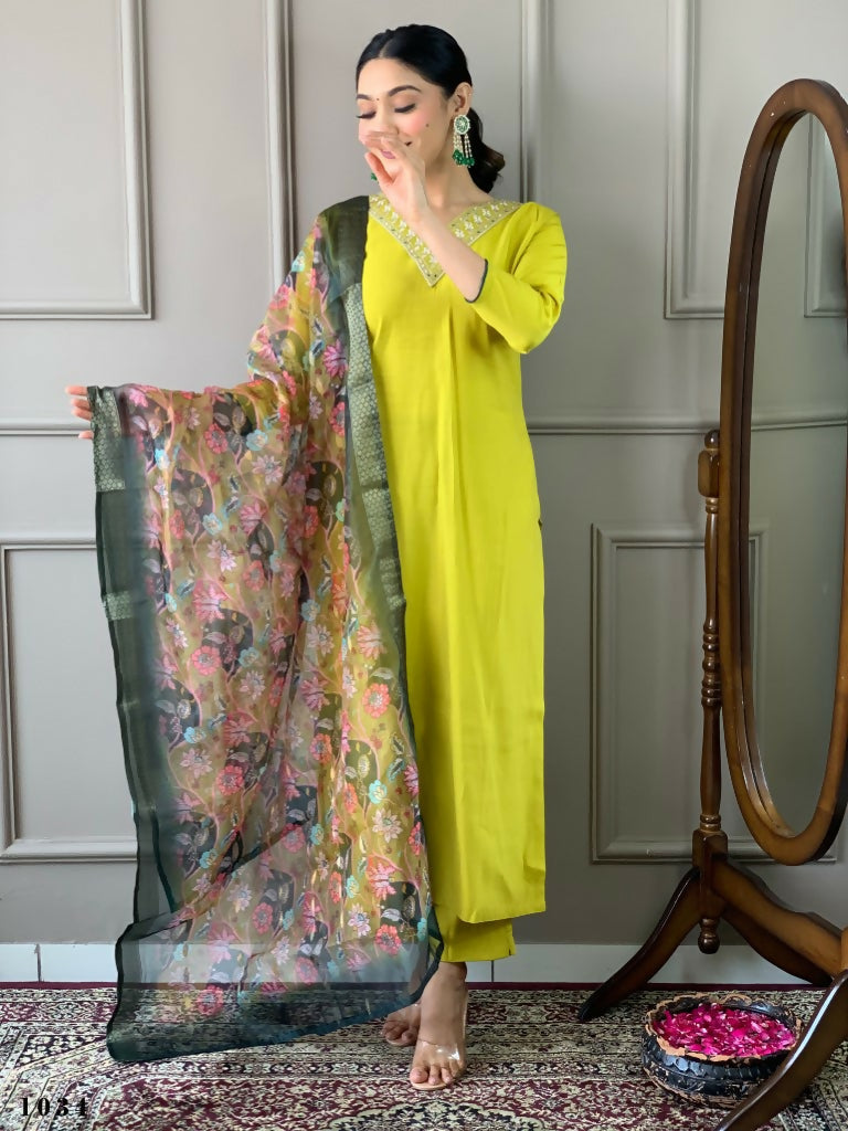 Partywear Designer Lemon Yellow Viscos Chanderi Stitched Suit With Dupatta - Tanisha