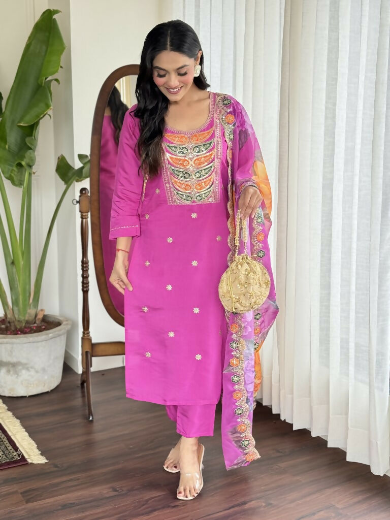 Light purple Viscose Chanderi Stitched Suit With Dupatta - Tanisha