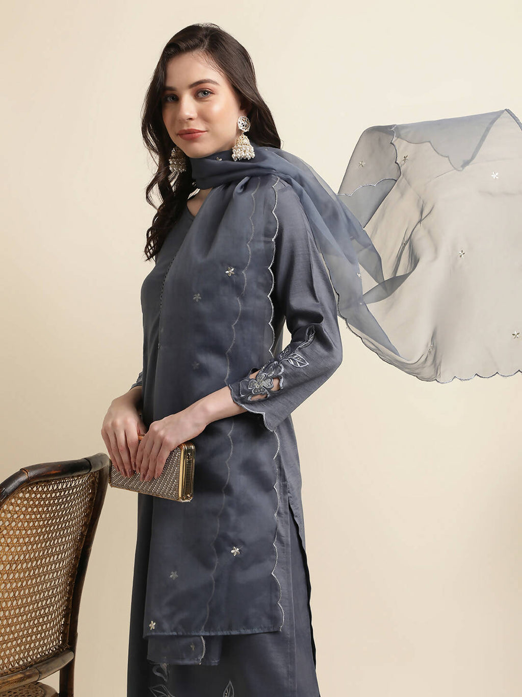 Grey Chinon Silk Embroidered Straight Kurta with Trouser & Dupatta - Salimar