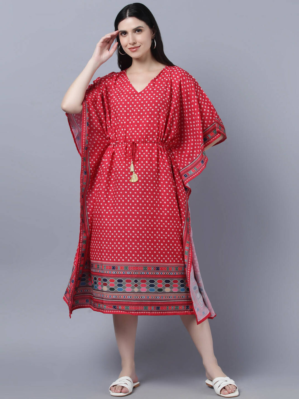 Myshka Women's Red White Ethnic Motifs Printed Kaftan Midi Dress