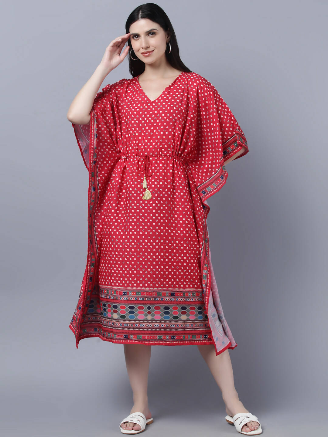 Myshka Women's Red White Ethnic Motifs Printed Kaftan Midi Dress