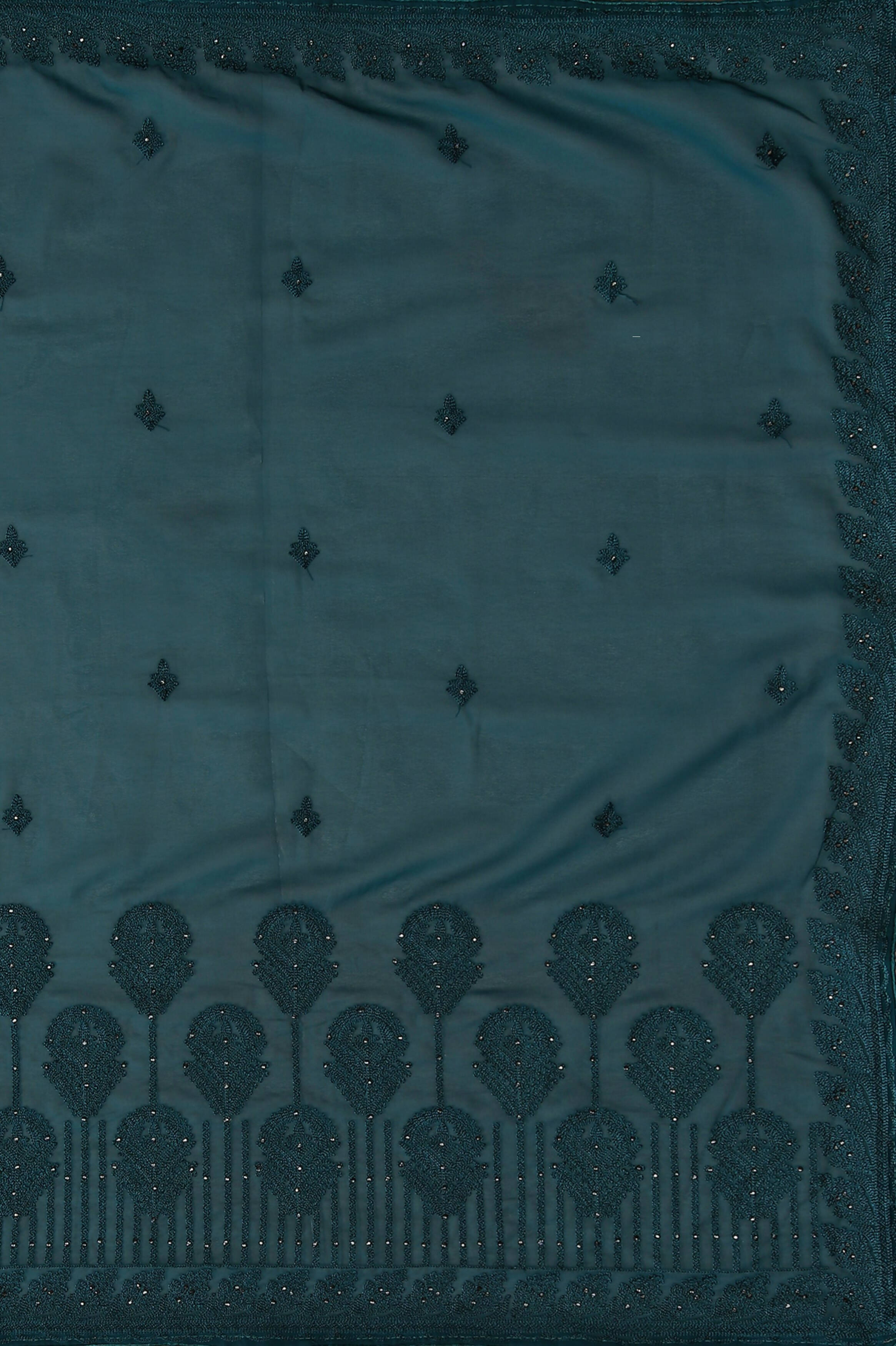 Teal Georgette Embroidered and Stone Work Saree with Unstitched Blouse Piece - Roozal