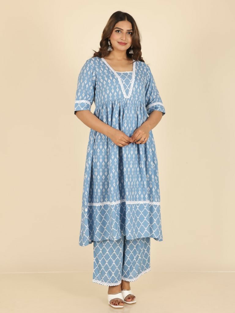 Aramya Blue Rayon Ikat Anarkali Kurta for Women