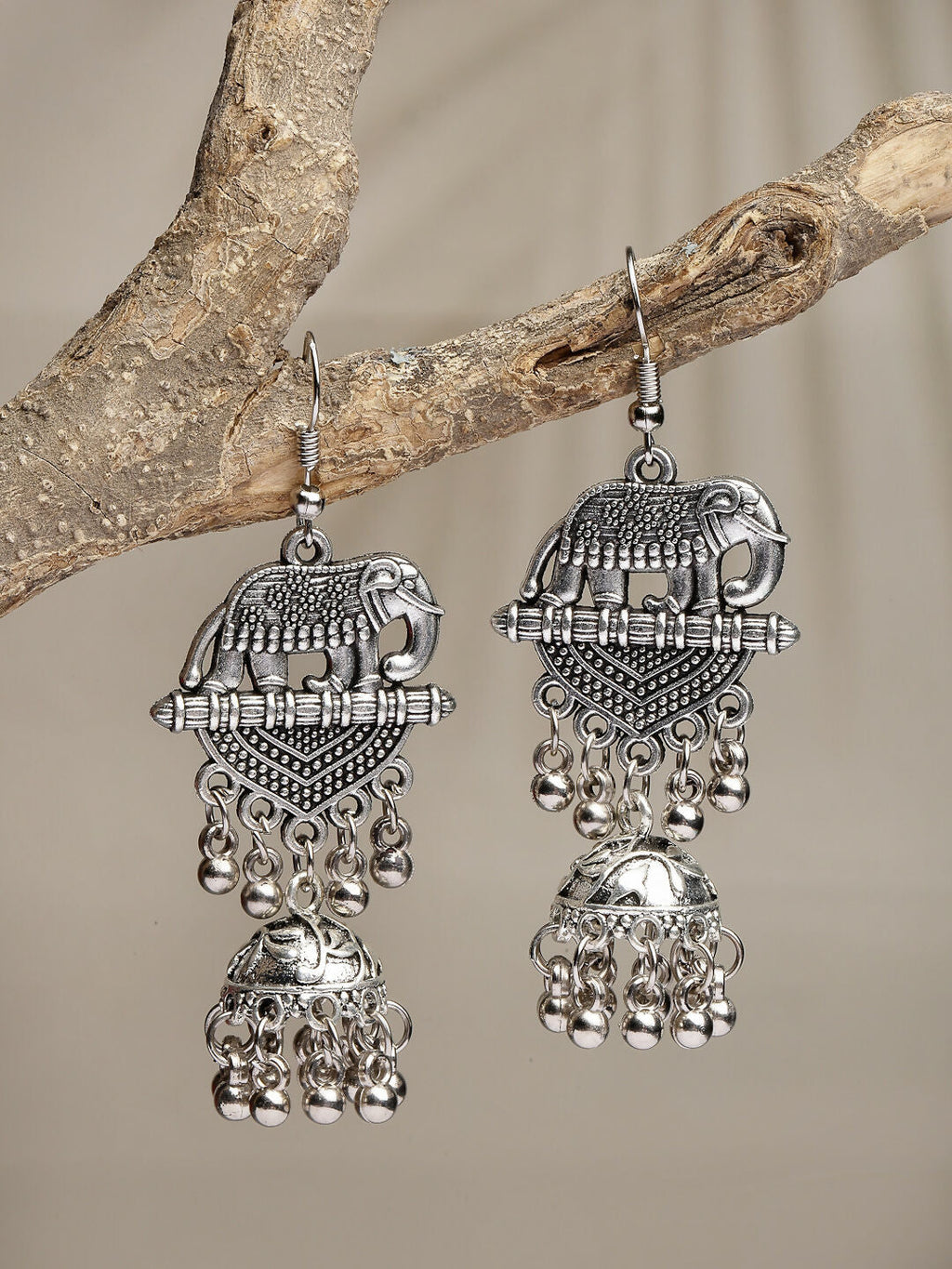 NVR Women's Silver-Toned Elephant Design German Silver Oxidised Dome Shaped Jhumka Earrings
