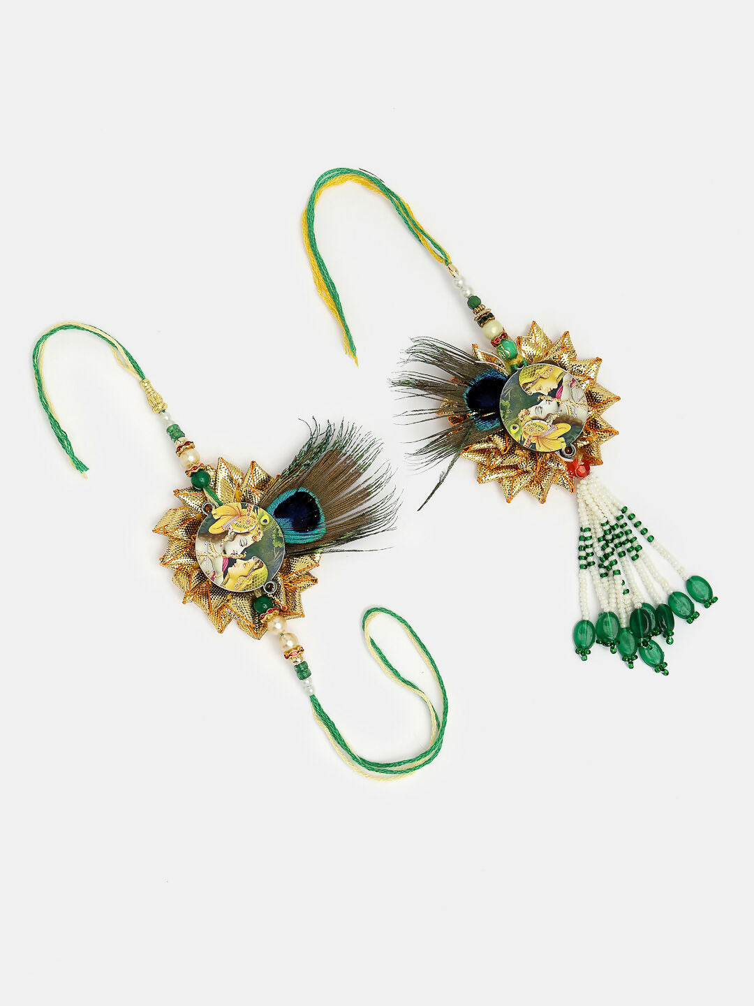 NVR Women & Men Set of 2 Green Radha Krishna Beaded Bhaiya Bhabhi Rakhi With Roli Chawal