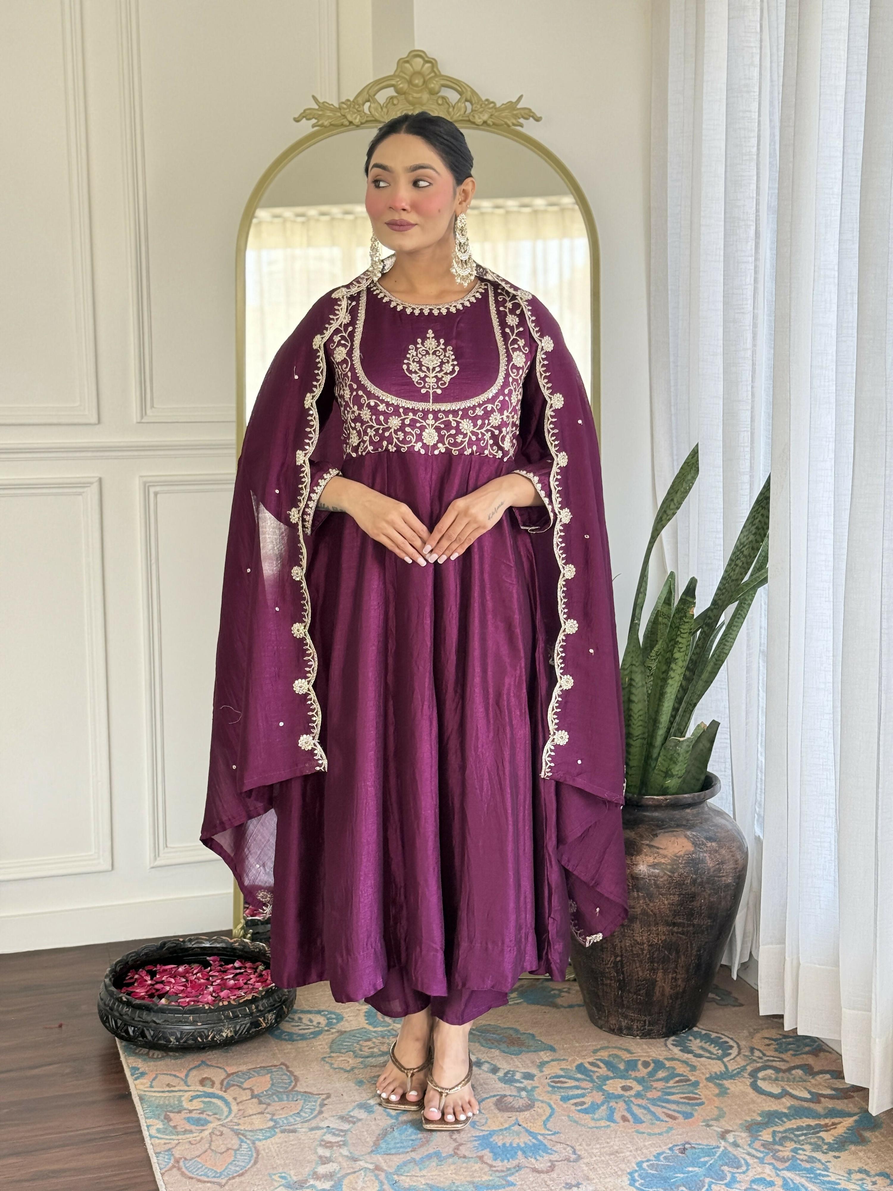 The52 Purple Women's Gorgeous Embroidered Vichitra Silk Fabric Flared Kurta Pant with Dupatta Set