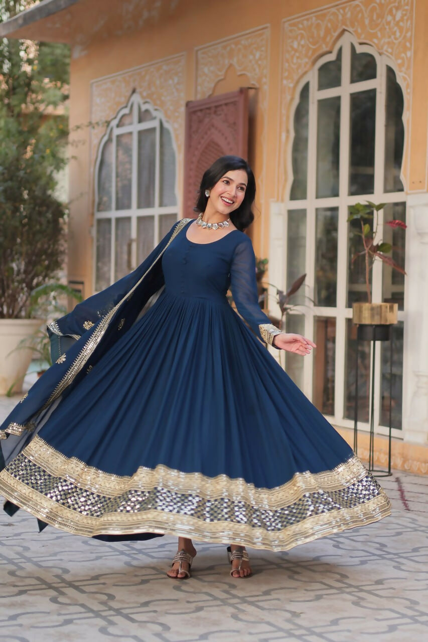 Vastranavya Premium Designer Faux Blooming with Embroidery Zari Sequins work Gown - Teal