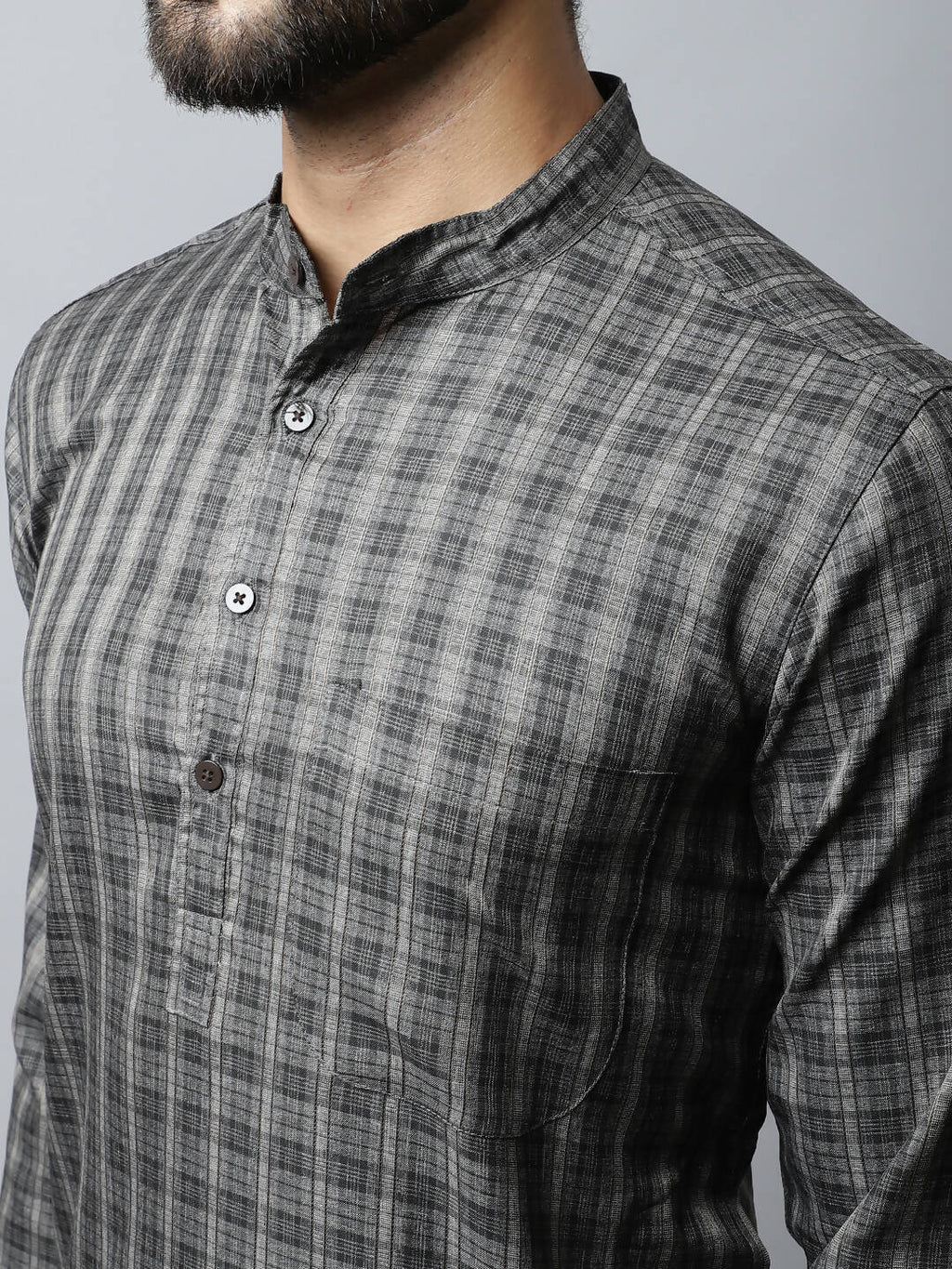 Even Apparels Brown Color Cotton Checked Men's Kurta With Band Collar (CHK1157)