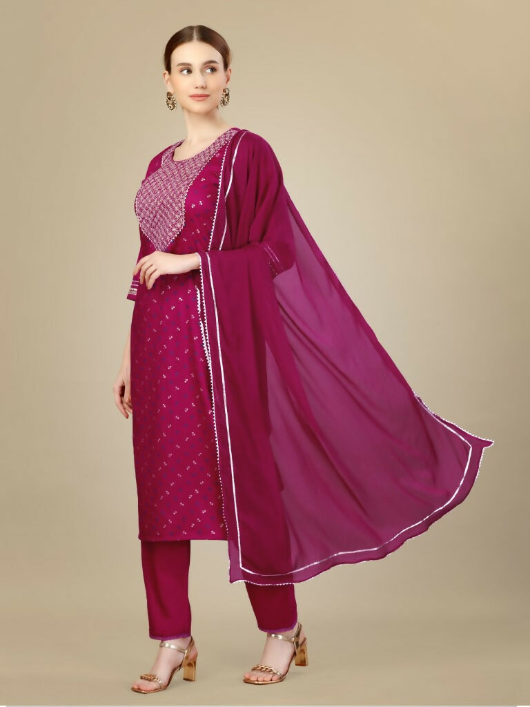 Jyoti Fashion Women's Rani Pink Silk Blend Embroidery & Sequence work Kurta with Trouser & Dupatta