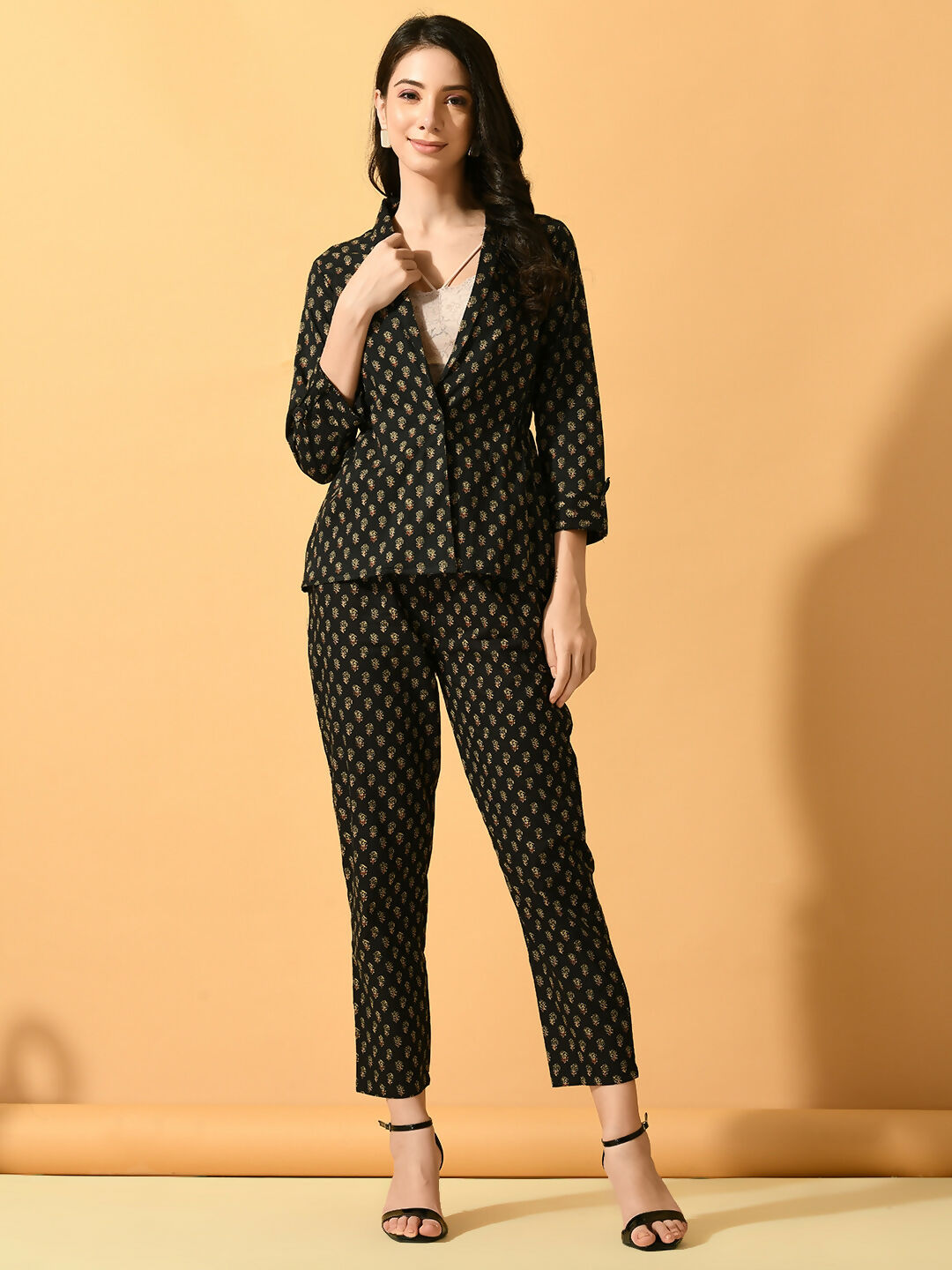Myshka Women's Black Printed Coat With Trousers