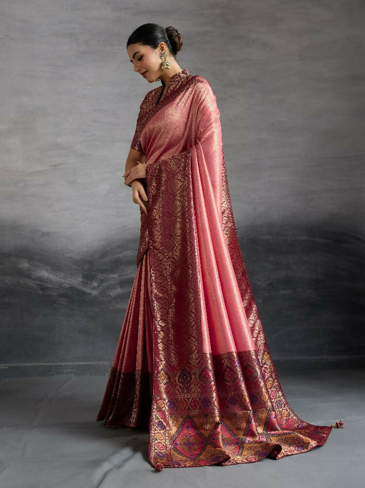 PR Fashion Peach Kanjivaram Soft Silk Kadiyal Pattern Double Zari Woven Patta, Meenakari Woven Pallu Saree