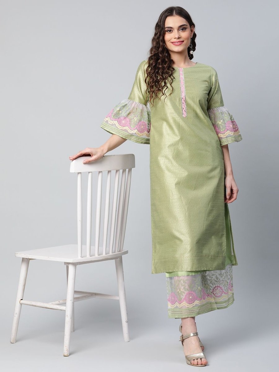 Ahalyaa Women's Light Green Poly Silk Gold Printed Kurta Palazzo Set