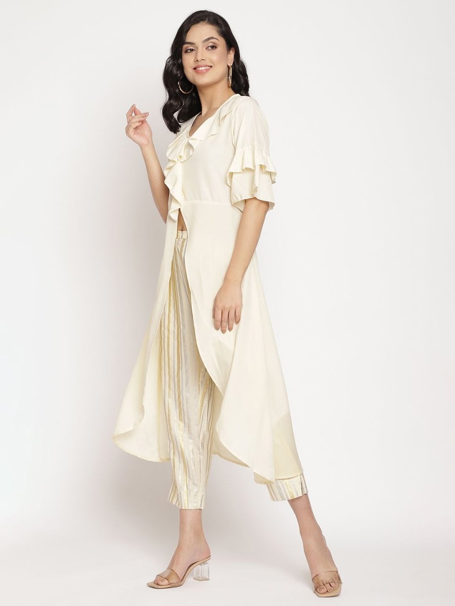 Ahalyaa Women Off White Layered Kurta With Trousers