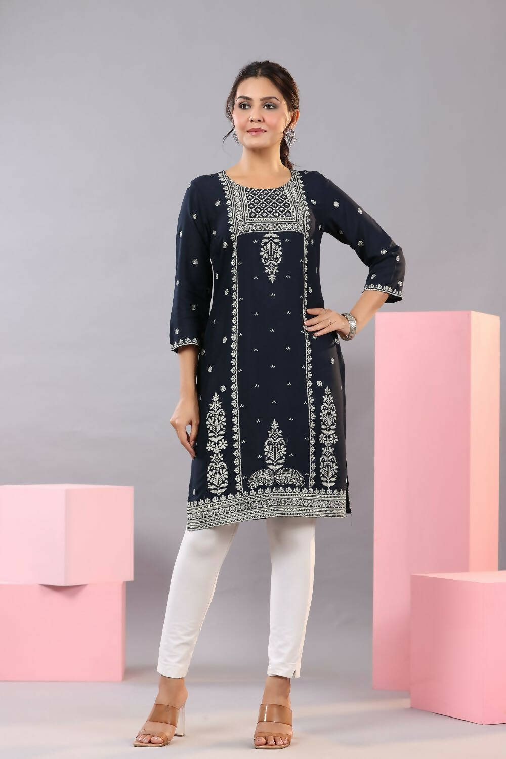 Juniper Women Navy Blue Rayon Printed Knee Length Straight Kurta