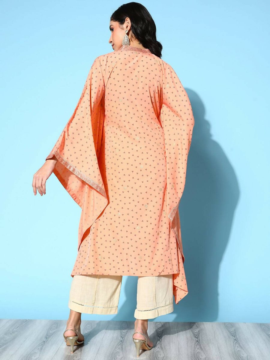 Ahalyaa Women's Peach Crepe Printed Kaftan Kurta