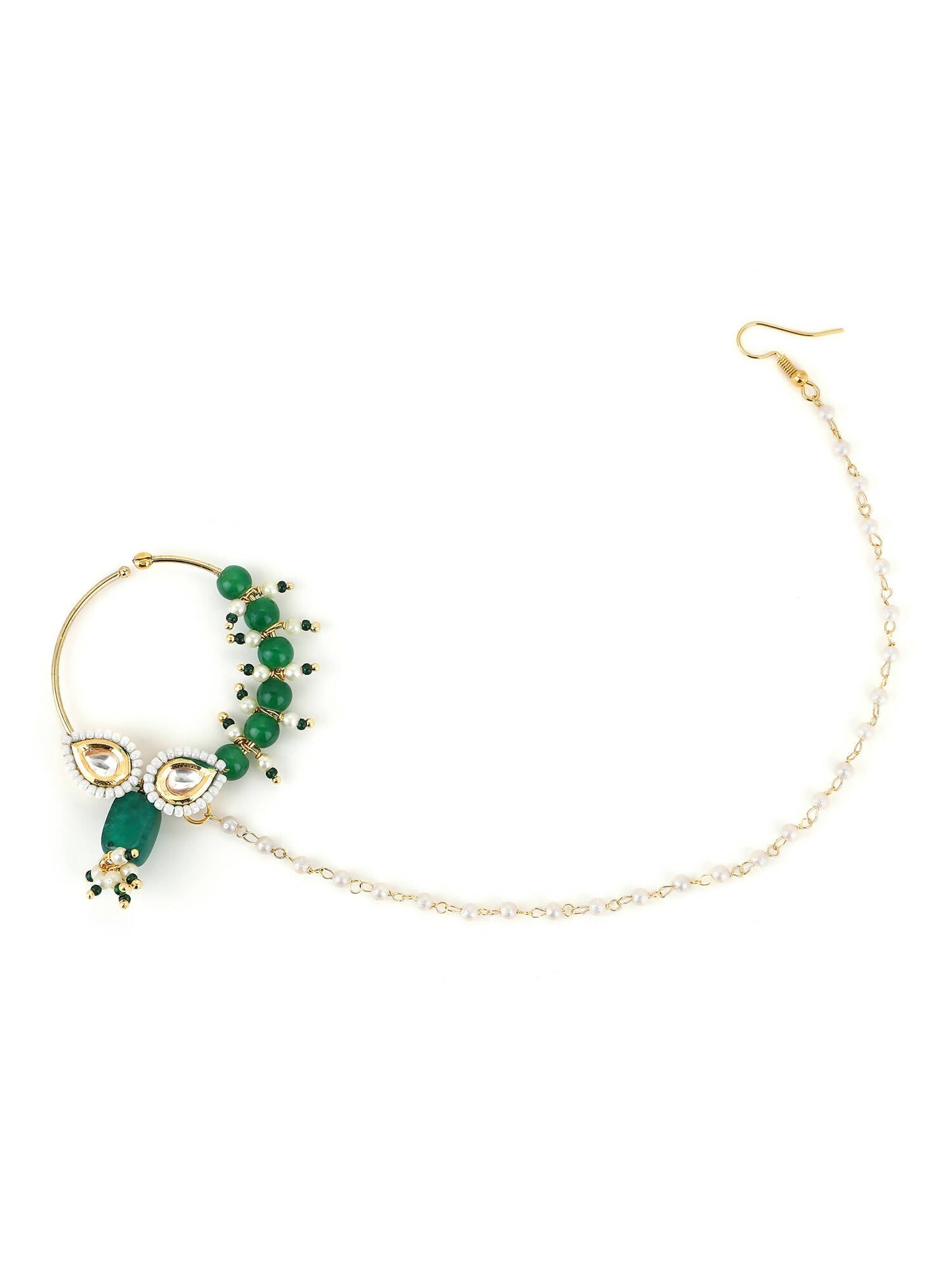 Gold-Polished White Green Kundan Studded Beaded Chain Nose Pin - Ruby Raang