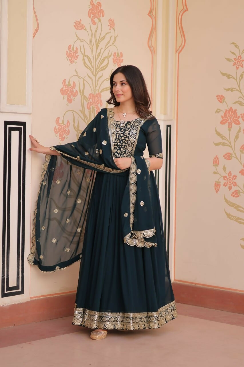 Teeya Creation Rama Color Faux Georgette Embroidery Work Wedding Wear Long Gown