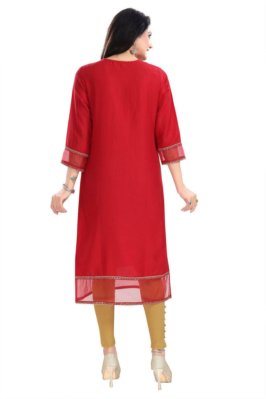 Snehal Creations Mighty Red Art Silk Designer Long Kurti Tunic With Zari Embroidery