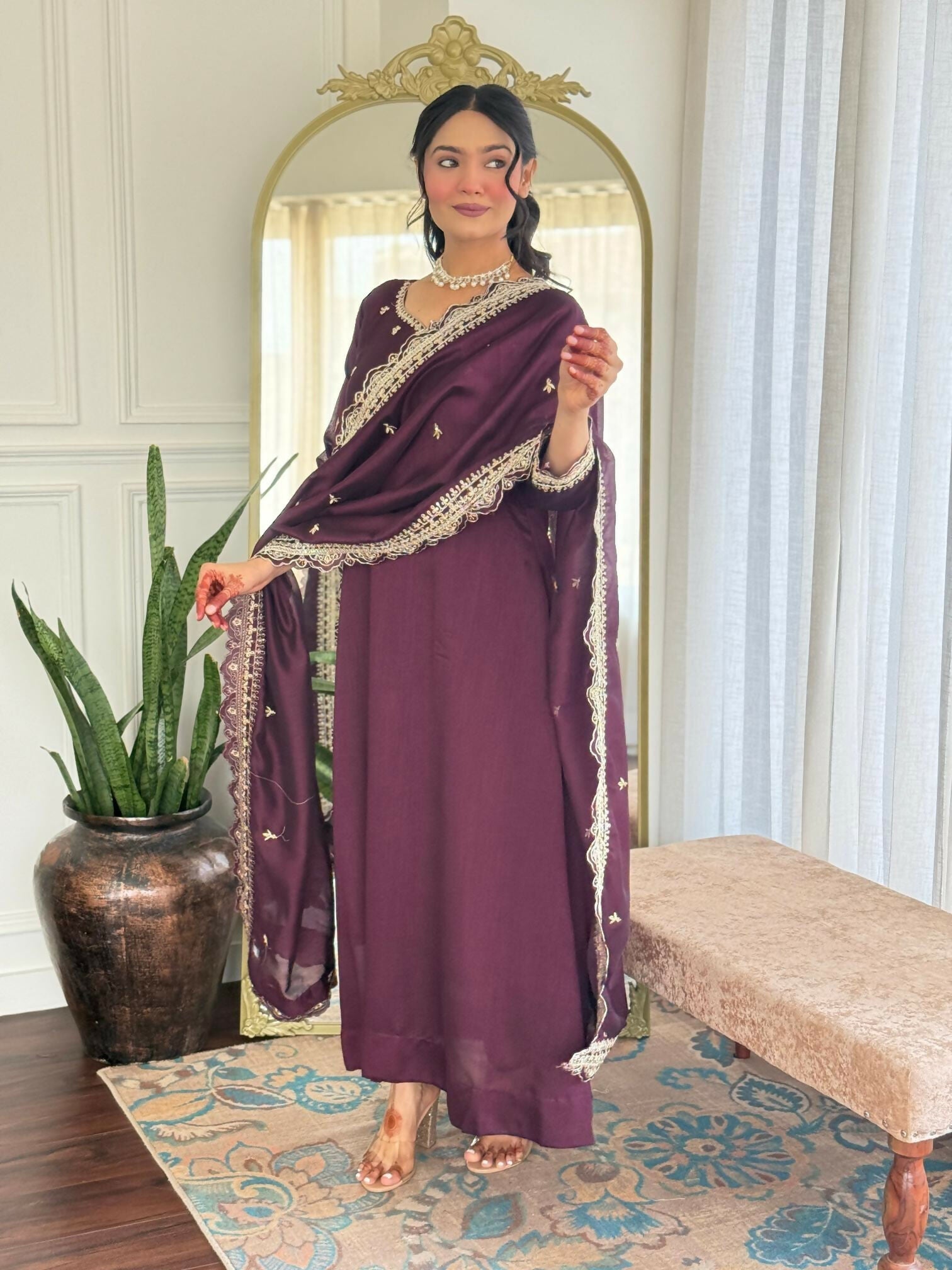 The52 Wine Women's Gorgeous Vichitra Silk Fabric Embroidered Work Flared Anarkali Pant and Dupatta Set