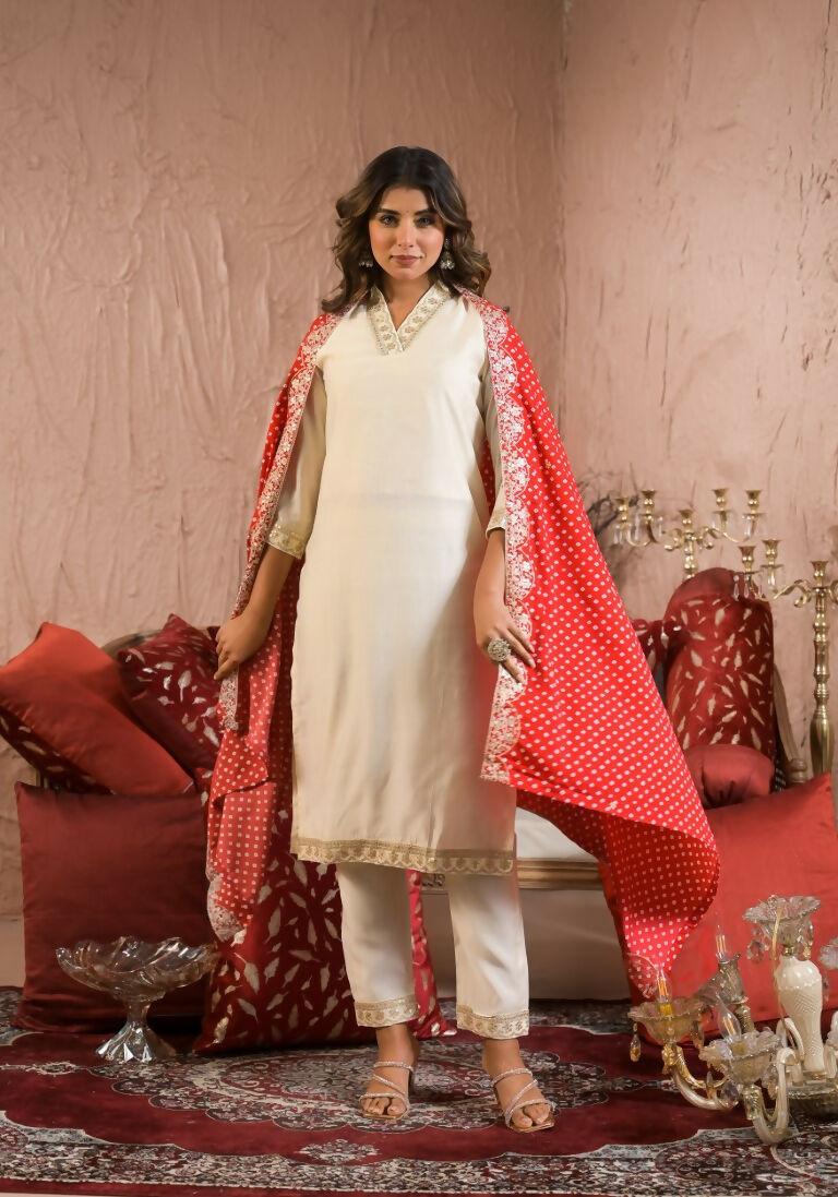 Ethnic Festive Wear Reyon Slub Off White Stitched Suit With Dupatta - Tanisha